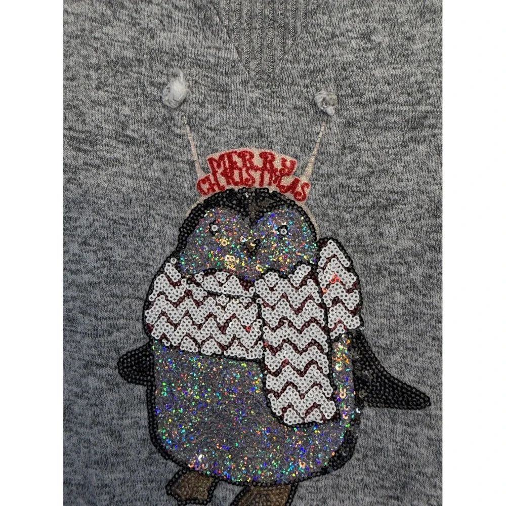 Poof Girl Kids XL Gray Sequin Merry Christmas Penguin High-Low Knit Sweater